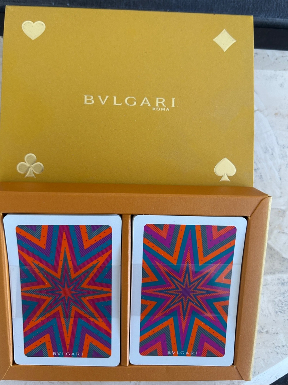 Bulgari Multicolor Star Back Playing Card Set in Gold Box